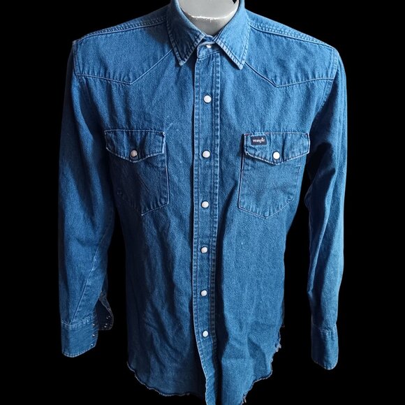 Vintage Men's Western Shirt Medium Wrangler Faded Denim Pearl Snap 1990's Cowboy - Picture 2 of 8